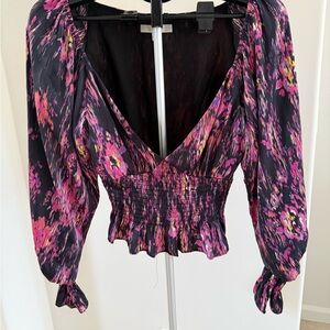 Wayf Pink and Purple Puff Sleeve Smocked Blouse